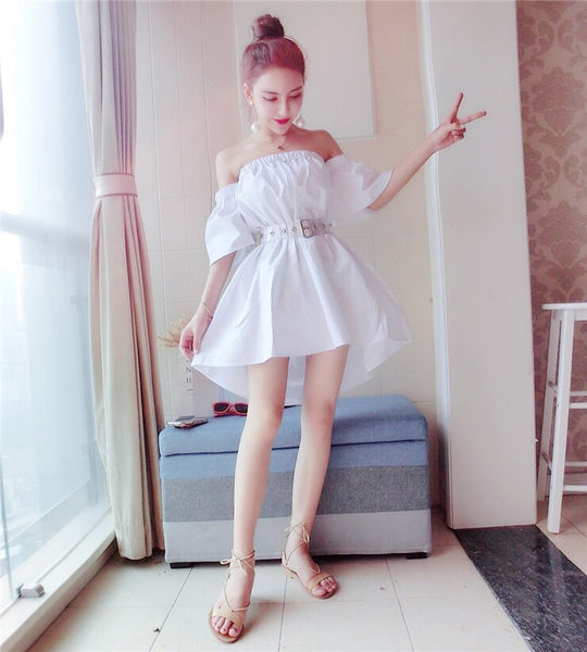 Indie folk style 2020 summer Korean temperament off-shoulder short flare sleeve waist A-line with sashes big swing female dress