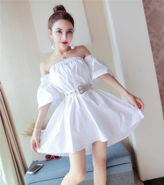 Indie folk style 2020 summer Korean temperament off-shoulder short flare sleeve waist A-line with sashes big swing female dress