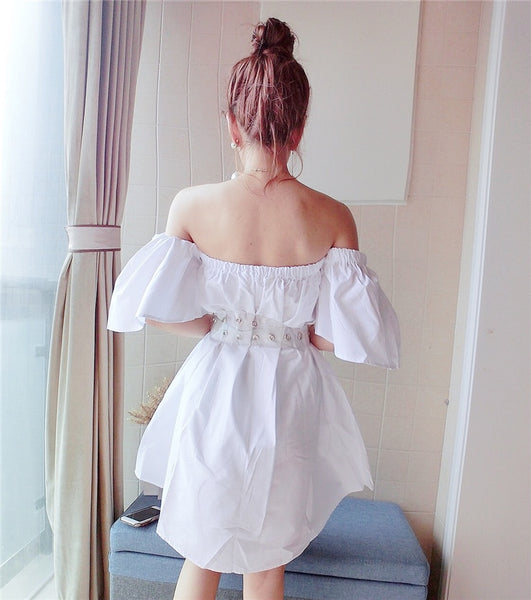 Indie folk style 2020 summer Korean temperament off-shoulder short flare sleeve waist A-line with sashes big swing female dress