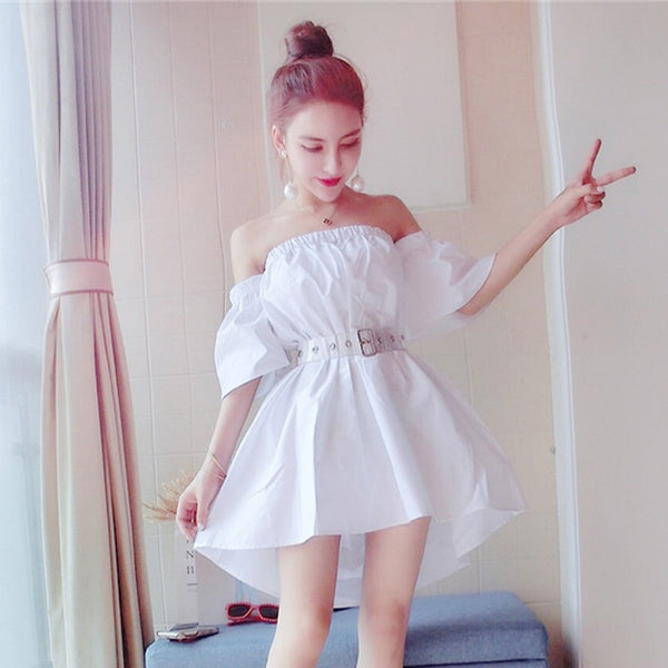 Indie folk style 2020 summer Korean temperament off-shoulder short flare sleeve waist A-line with sashes big swing female dress