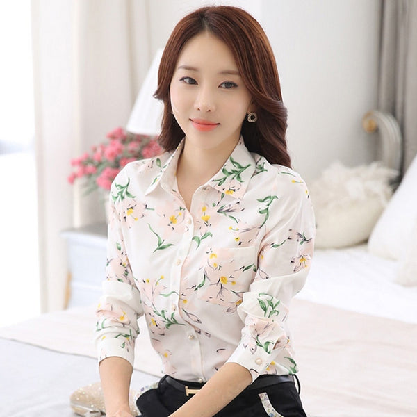 Long Sleeve Blue butterfly Flower Print Blouse Women 2019 Summer fall Top Elegant Work Office Plus Size Shirt White Blouse C181