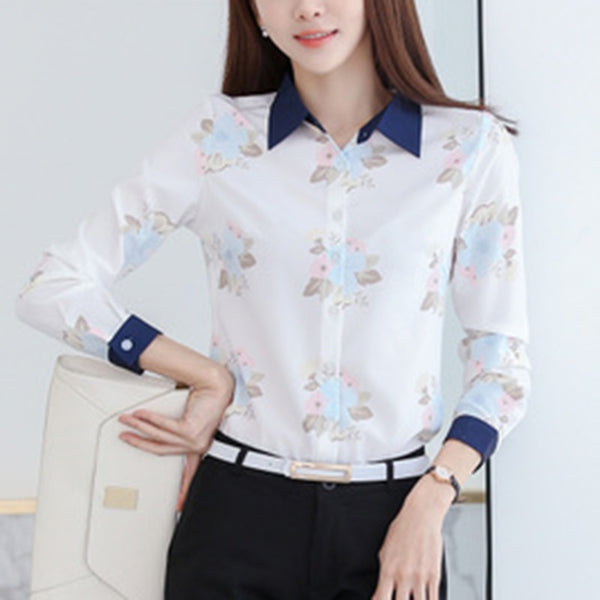 Long Sleeve Blue butterfly Flower Print Blouse Women 2019 Summer fall Top Elegant Work Office Plus Size Shirt White Blouse C181