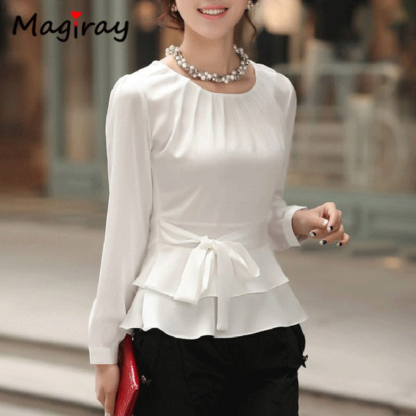 Pleated O Neck White Chiffon womens Tops and Blouses 2019 Long Sleeve Peplum Belt Korean Elegant Shirt Female Floral Office C15