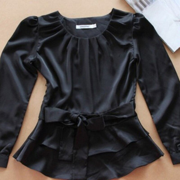 Pleated O Neck White Chiffon womens Tops and Blouses 2019 Long Sleeve Peplum Belt Korean Elegant Shirt Female Floral Office C15
