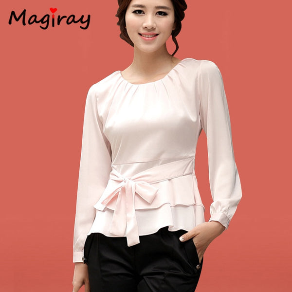 Pleated O Neck White Chiffon womens Tops and Blouses 2019 Long Sleeve Peplum Belt Korean Elegant Shirt Female Floral Office C15