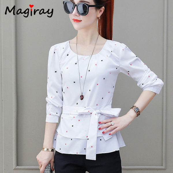 Pleated O Neck White Chiffon womens Tops and Blouses 2019 Long Sleeve Peplum Belt Korean Elegant Shirt Female Floral Office C15