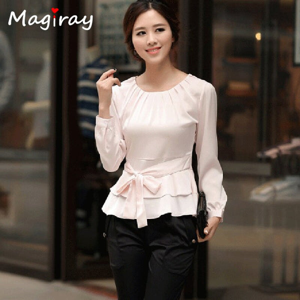 Pleated O Neck White Chiffon womens Tops and Blouses 2019 Long Sleeve Peplum Belt Korean Elegant Shirt Female Floral Office C15