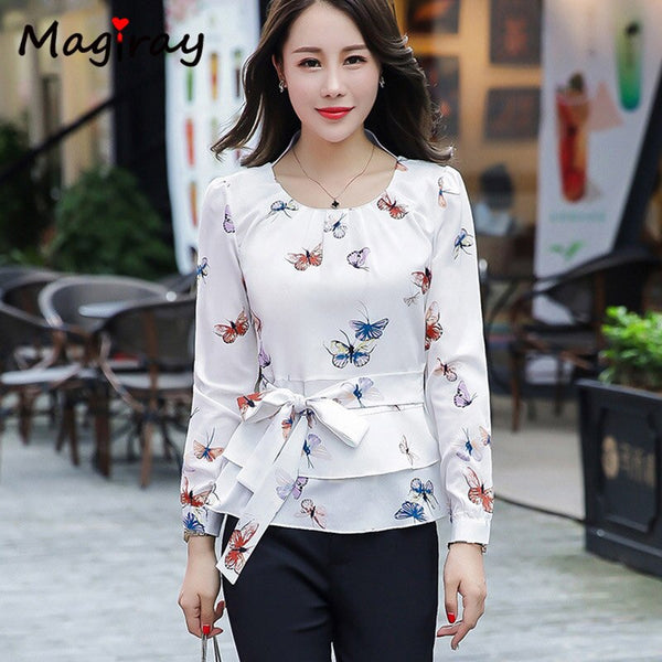 Pleated O Neck White Chiffon womens Tops and Blouses 2019 Long Sleeve Peplum Belt Korean Elegant Shirt Female Floral Office C15