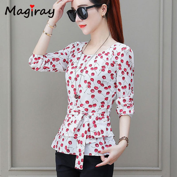 Pleated O Neck White Chiffon womens Tops and Blouses 2019 Long Sleeve Peplum Belt Korean Elegant Shirt Female Floral Office C15