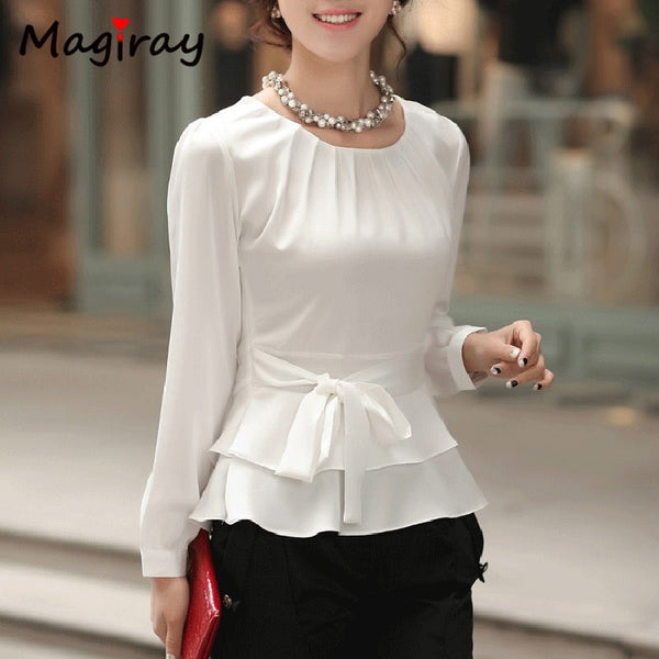 Pleated O Neck White Chiffon womens Tops and Blouses 2019 Long Sleeve Peplum Belt Korean Elegant Shirt Female Floral Office C15