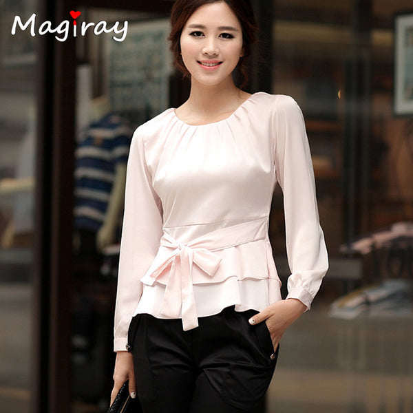 Pleated O Neck White Chiffon womens Tops and Blouses 2019 Long Sleeve Peplum Belt Korean Elegant Shirt Female Floral Office C15