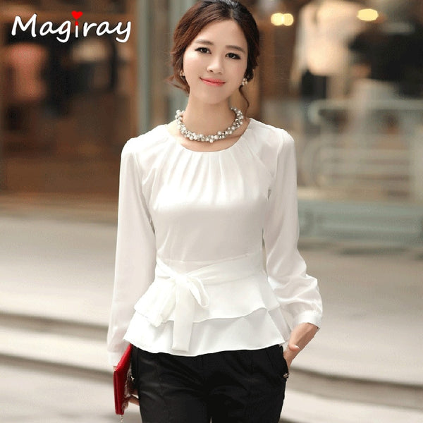 Pleated O Neck White Chiffon womens Tops and Blouses 2019 Long Sleeve Peplum Belt Korean Elegant Shirt Female Floral Office C15
